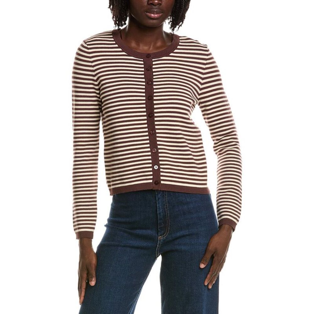 T Tahari Womens Crewneck Striped Cropped Cardigan, Brown